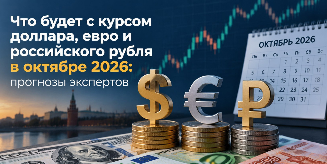 Обложка статьи о курсах валют на октябрь 2026 года: на переднем плане крупные символы доллара, евро и рубля на стопках монет, на заднем — график рынка и отрывной календарь.