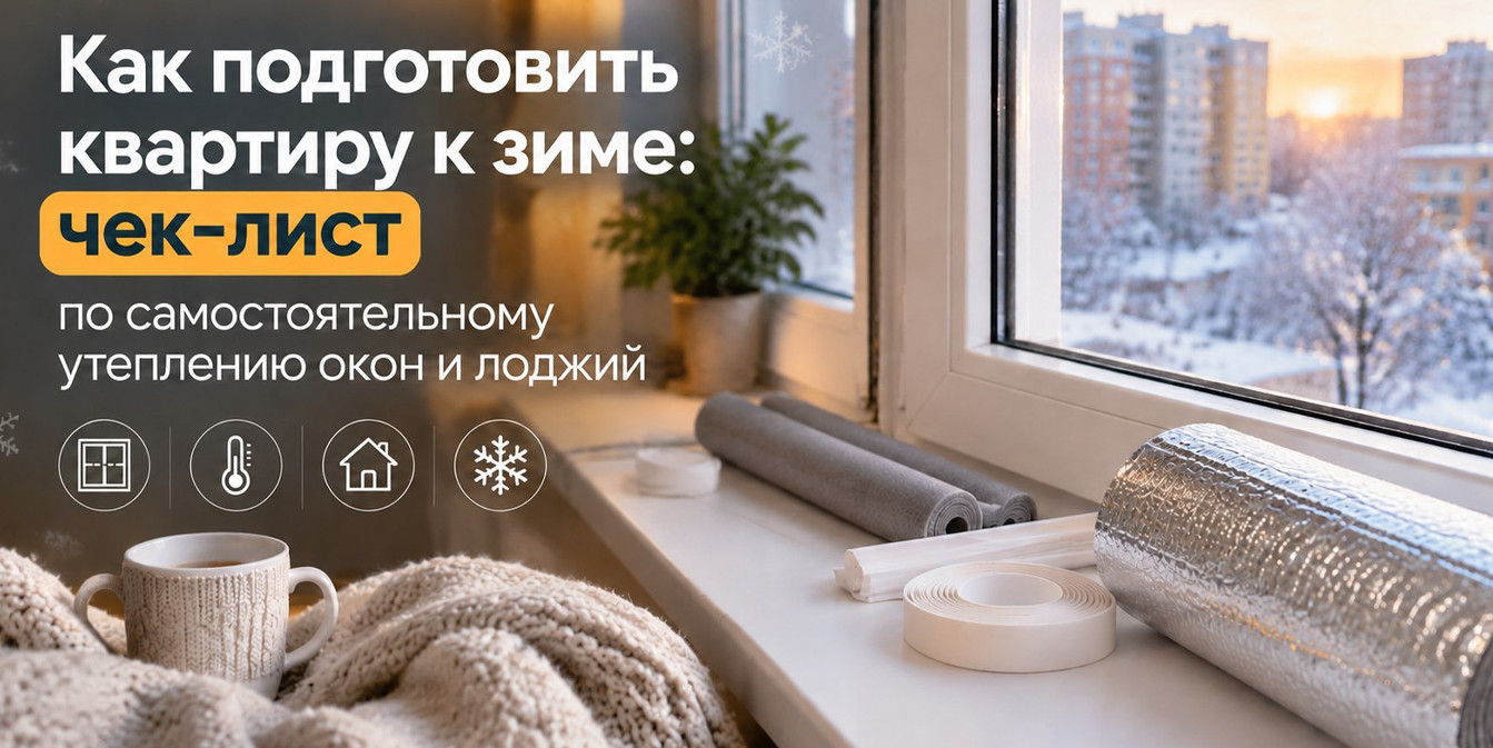 Баннер с заголовком «Как подготовить квартиру к зиме: чек-лист по самостоятельному утеплению окон и лоджий». На подоконнике лежат рулоны утеплителя, скотч, а рядом — кружка и плед.