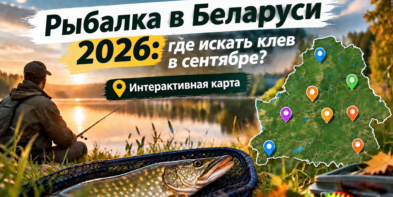 Рыбак на берегу реки с уловом щуки в подсаке на фоне контура карты Беларуси с цветными геометками и надписью «Рыбалка в Беларуси 2026: где искать клев в сентябре?».