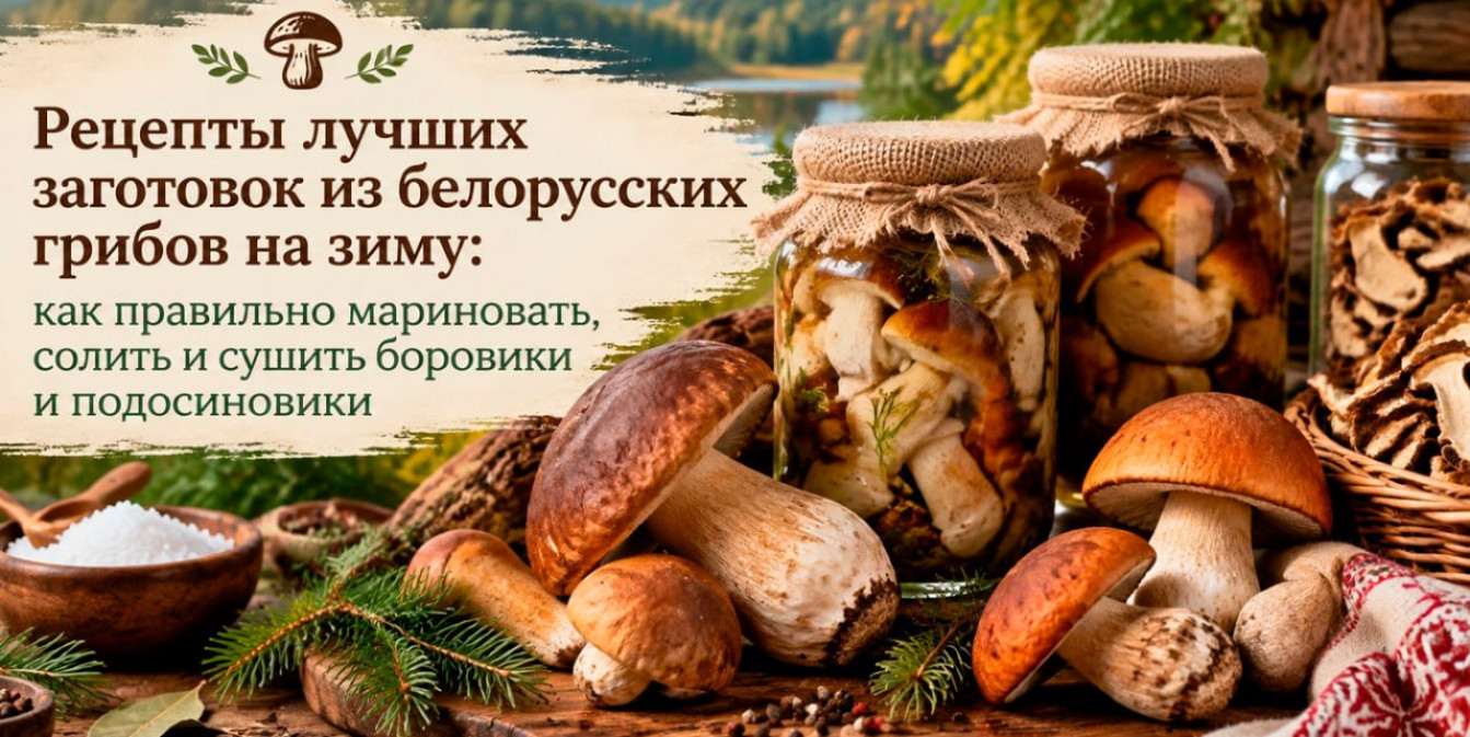 Заготовки из белорусских грибов на зиму. Маринованные, соленые и сушеные боровики и подосиновики в стеклянных банках на фоне осеннего леса и свежих лесных грибов.