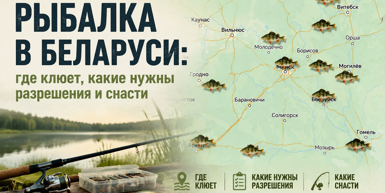 Баннер статьи «Рыбалка в Беларуси» с картой уловистых мест и спиннингом на берегу.
