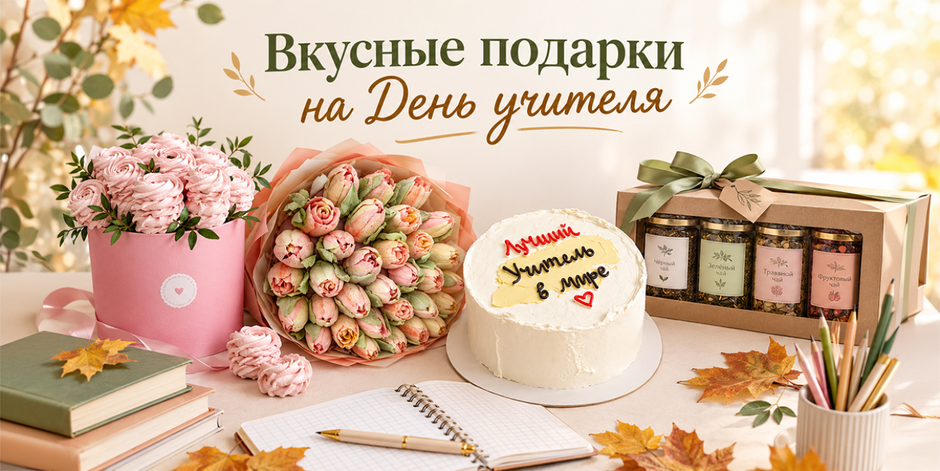 Идеи вкусных подарков учителю: небольшой торт, пряничный набор, чай, кофе и зефирные цветы.