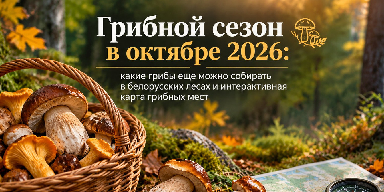 Корзина с боровиками и лисичками в осеннем лесу. Рядом на мху лежат грибы, карта и компас. Текст: «Грибной сезон в октябре 2026: какие грибы еще можно собирать в белорусских лесах».