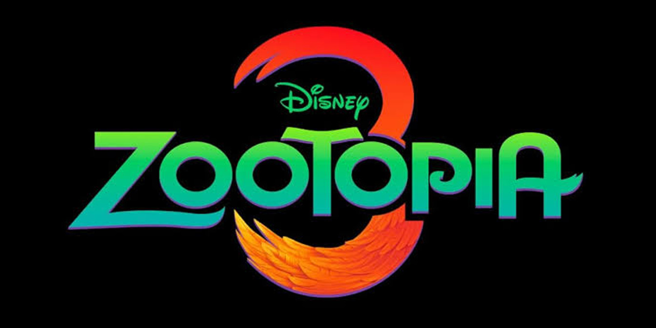 Официальный логотип анимационного фильма «Зверополис 3» (Zootopia 3) от Disney. Ярко-зеленая надпись расположена на фоне крупной красно-оранжевой цифры три, стилизованной под крыло птицы. Логотип представлен на черном фоне.