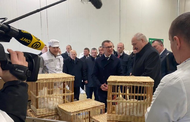 Александру Лукашенко в Смолевичском районе подарили петуха и четырёх куриц