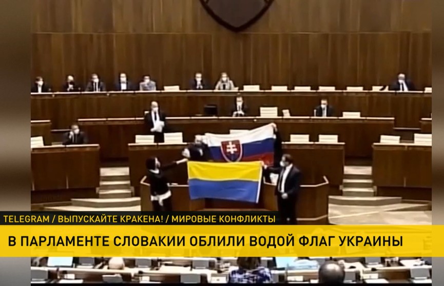 В Словакии на заседании о военном сотрудничестве с США облили водой флаг Украины