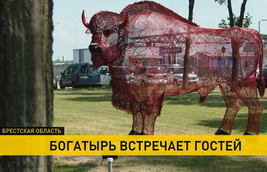 На въезде в Пружаны установили скульптуру огромного красного зубра