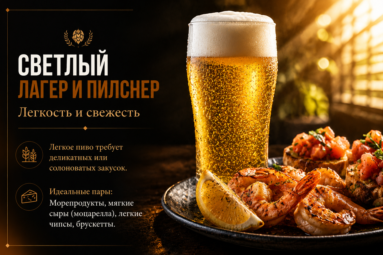 бокал светлого пенного пива с морепродуктами
