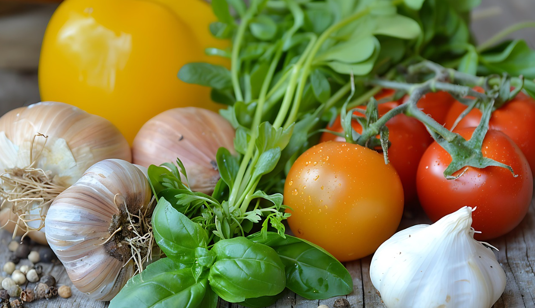 Professional food photography of fresh garden vegetables. A rustic harvest arrangement with ripe red tomatoes on vines, a whole bulb of garlic with visible roots, fresh green basil, and a yellow pepper. The background is softly blurred. Natural overcast window light creates soft shadows. Rich textures of vegetable skin and wooden table. Editorial style, clean composition, vibrant colors