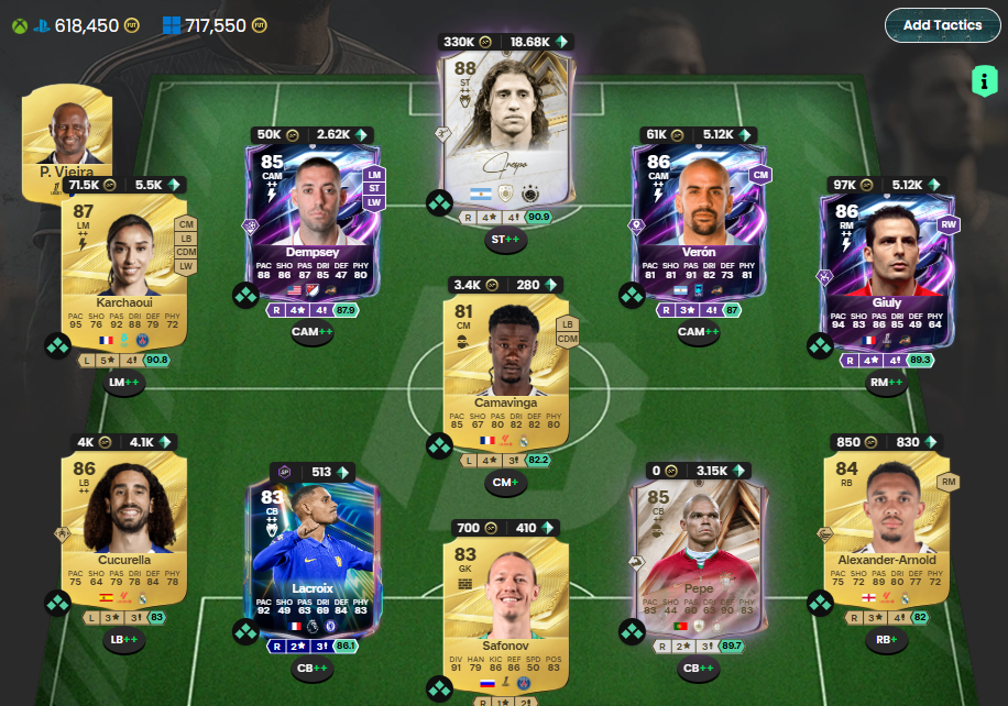Скриншот состава команды в Ultimate Team с тактической схемой 4-3-3. На поле видны карточки Креспо, Верона, Демпси, Камавинга, Сафонова и других игроков.