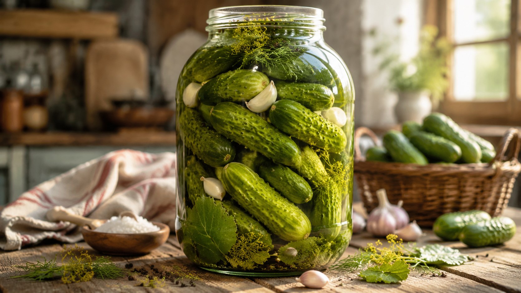 A hyper-realistic food photography of a traditional Belarusian home canning scene. In the center, a 3-liter clear glass jar filled with small, crunchy, bumpy green pickling cucumbers. Inside the jar, visible layers of fresh dill umbrellas, garlic cloves, oak leaves, cherry leaves, and black peppercorns in a clear marinade. The jar sits on a rustic wooden table in a cozy village kitchen with warm, natural sunlight stream from a window. In the background, out of focus, are a linen towel, a small bowl of coarse rock salt, and a basket of fresh cucumbers. 8k resolution, photorealistic texture, shallow depth of field, appetizing and cozy atmosphere, commercial food styling.
